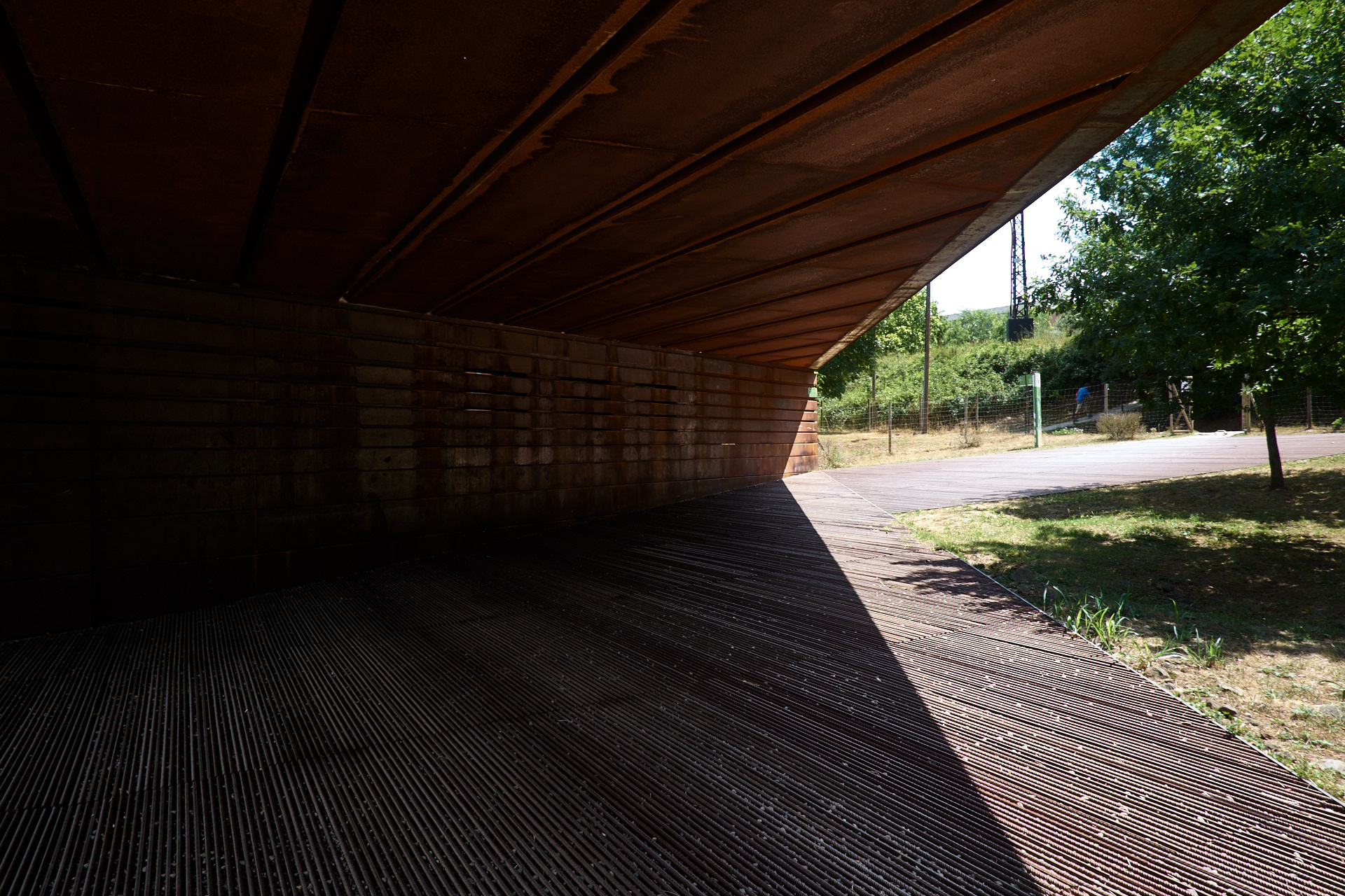 Under the pavilion canopy.